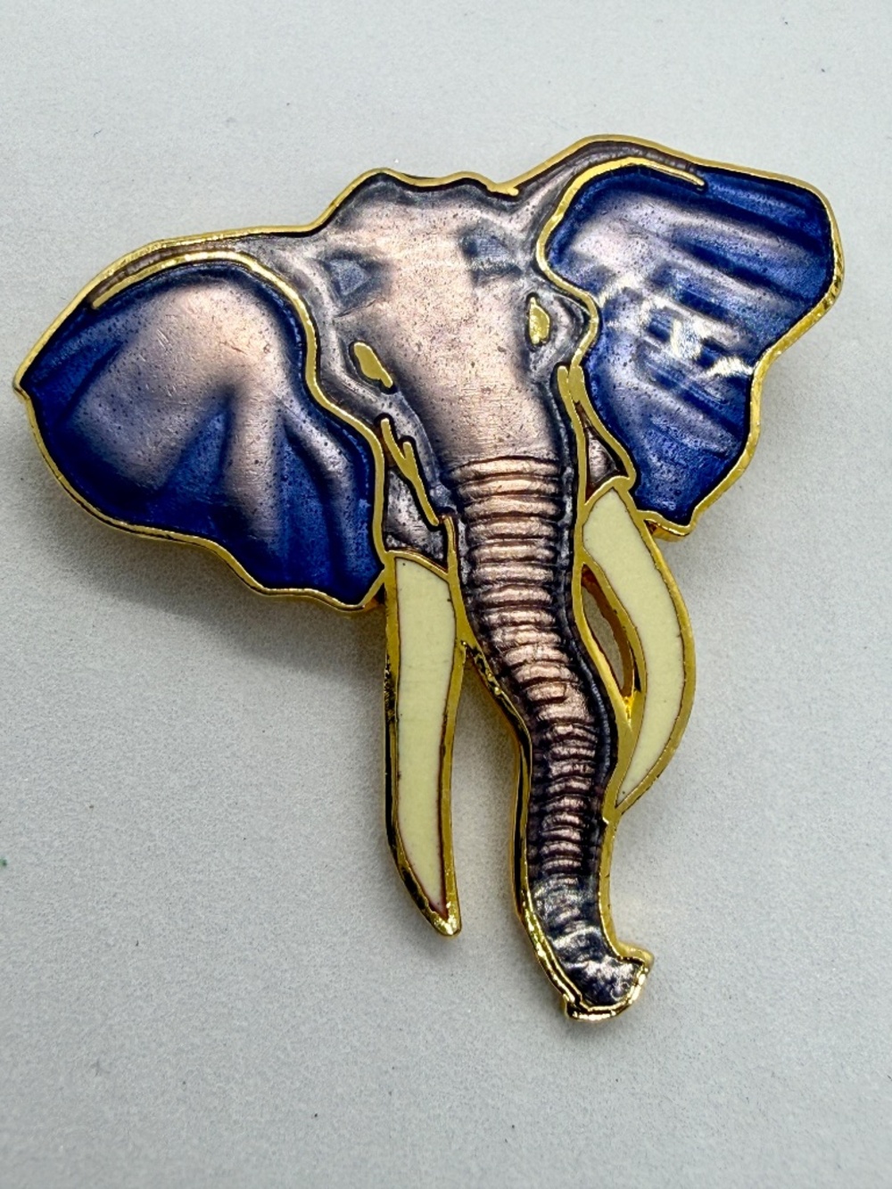 Vintage Wm Spear 1989 Blue Enamel Elephant Brooch Gold Tone Signed Pin